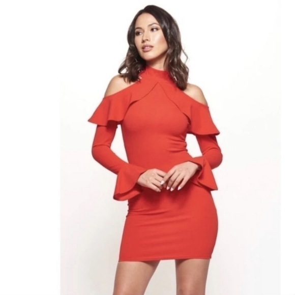 Selfie Leslie Dresses & Skirts - Selfie Leslie Red Cold Shoulder Choker Ruffle Sleeve Dress New With Tag Medium